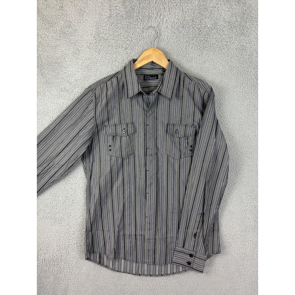 7 Diamonds Shirt Men M Western Gray Stripe Long Sleeve Button Cowboy Embroidered
